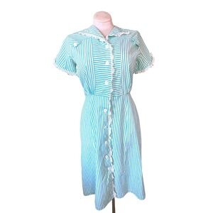 VTG 50s green  White Striped House Dress Eyelet Lace Button Front  XL MOD